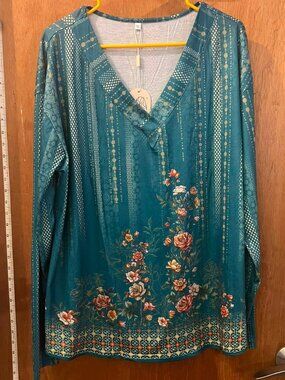 Size 2XL - NWT - Teal and Pink Floral Long Sleeve Pullover Blouse